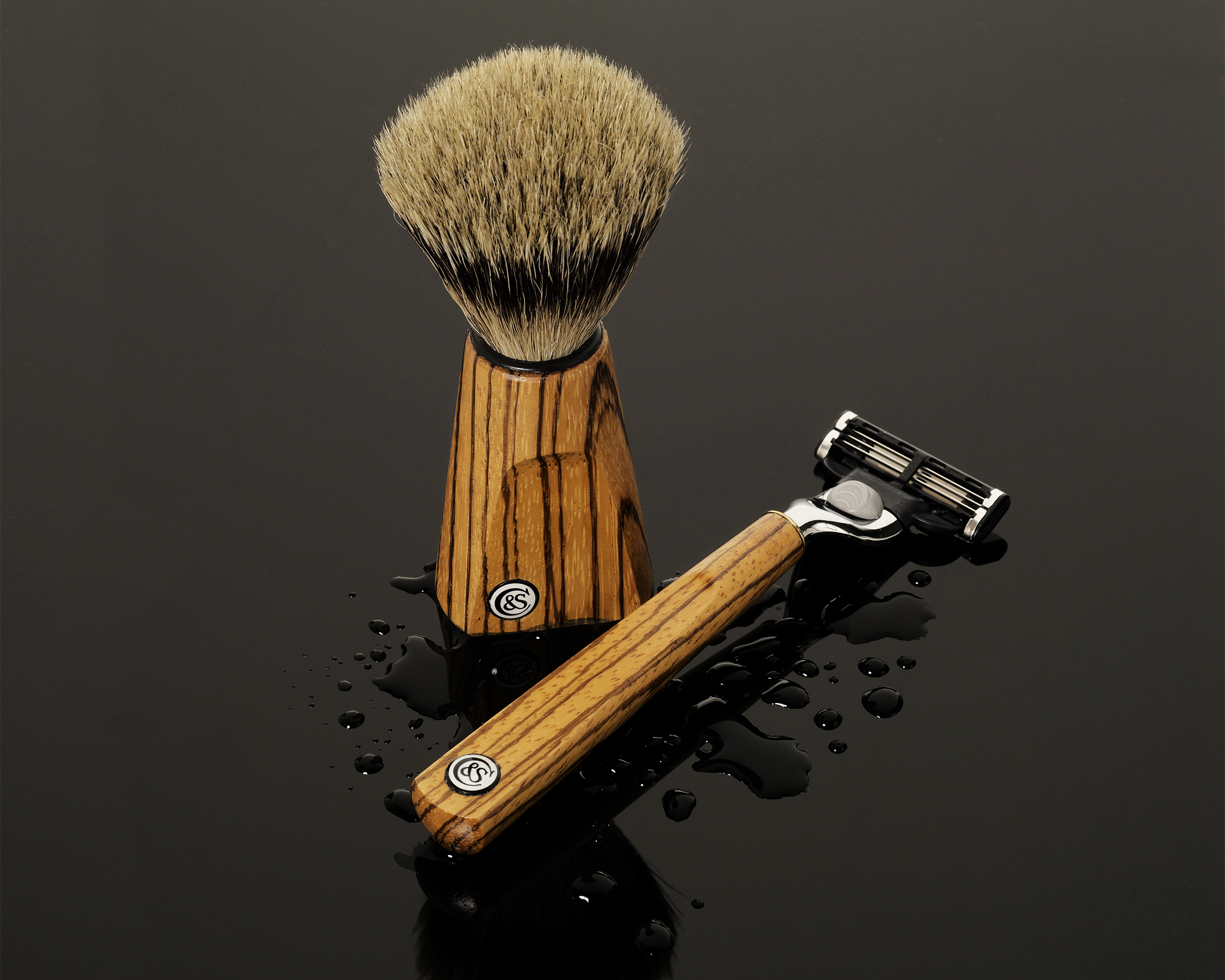 Czech & Speake Zebrano Wood Shave Set on black 