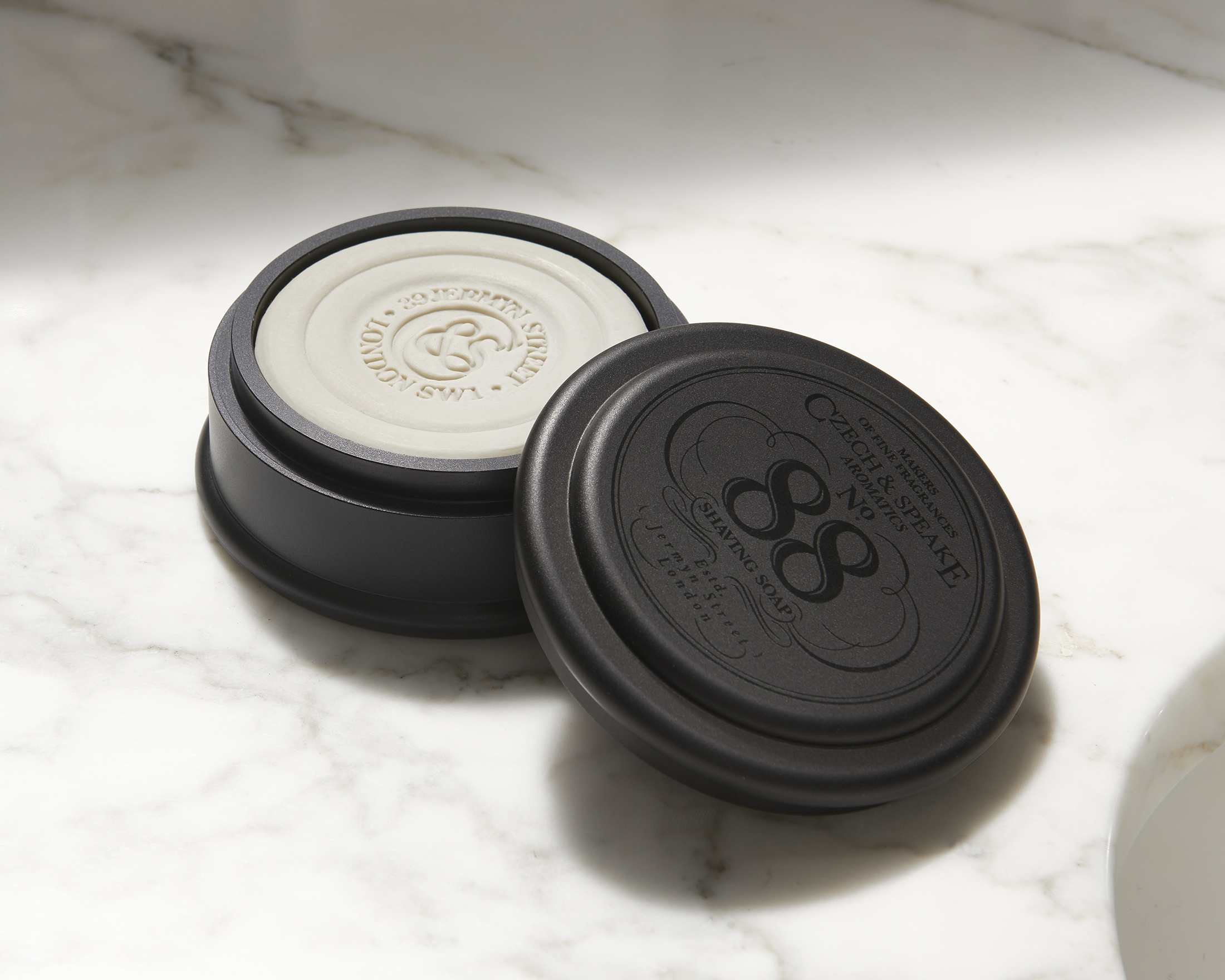 Czech & Speake No.88 Shaving Soap on marble vanity unit