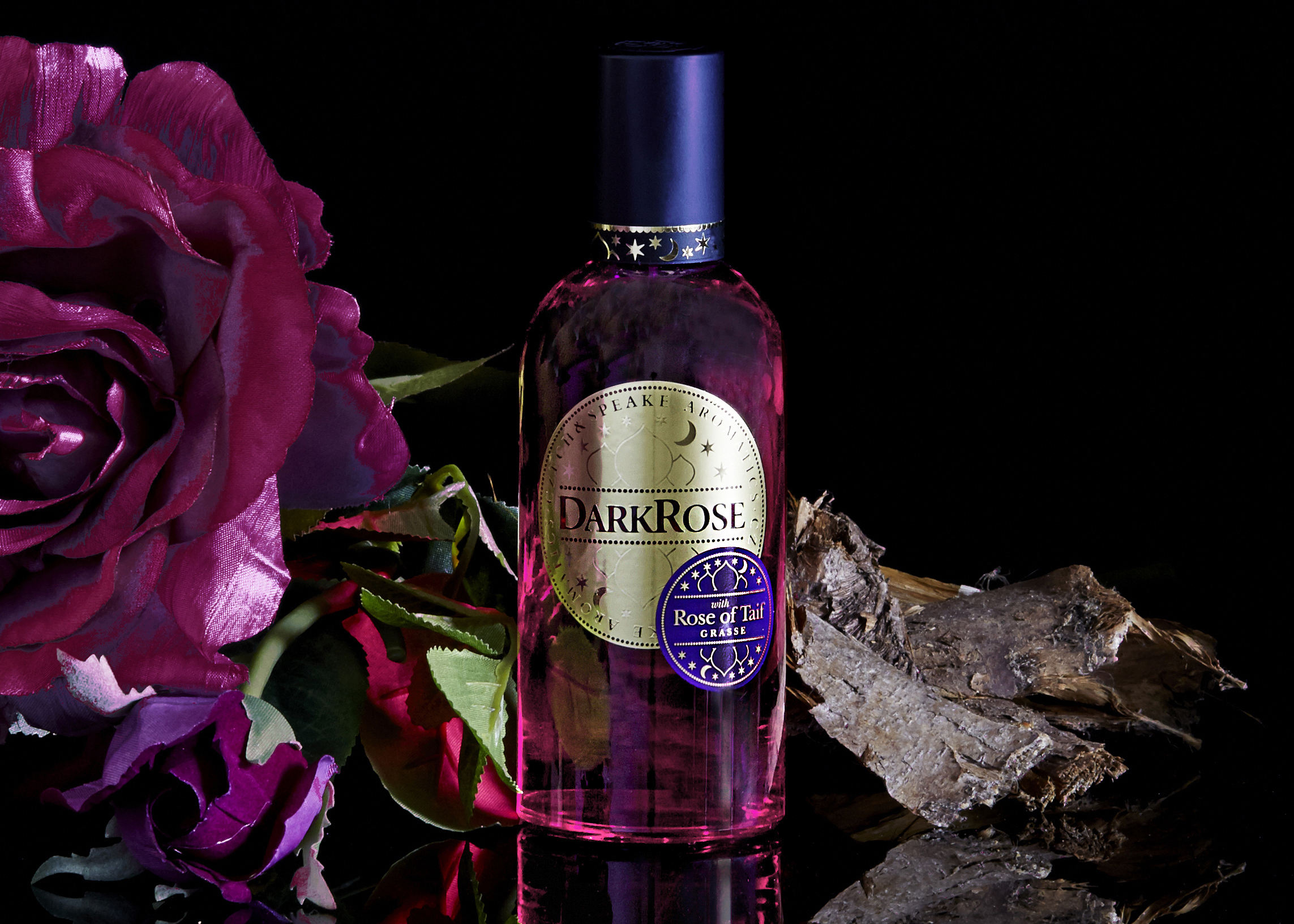 Czech &amp; Speake Dark Rose on black with pink rose and bark.