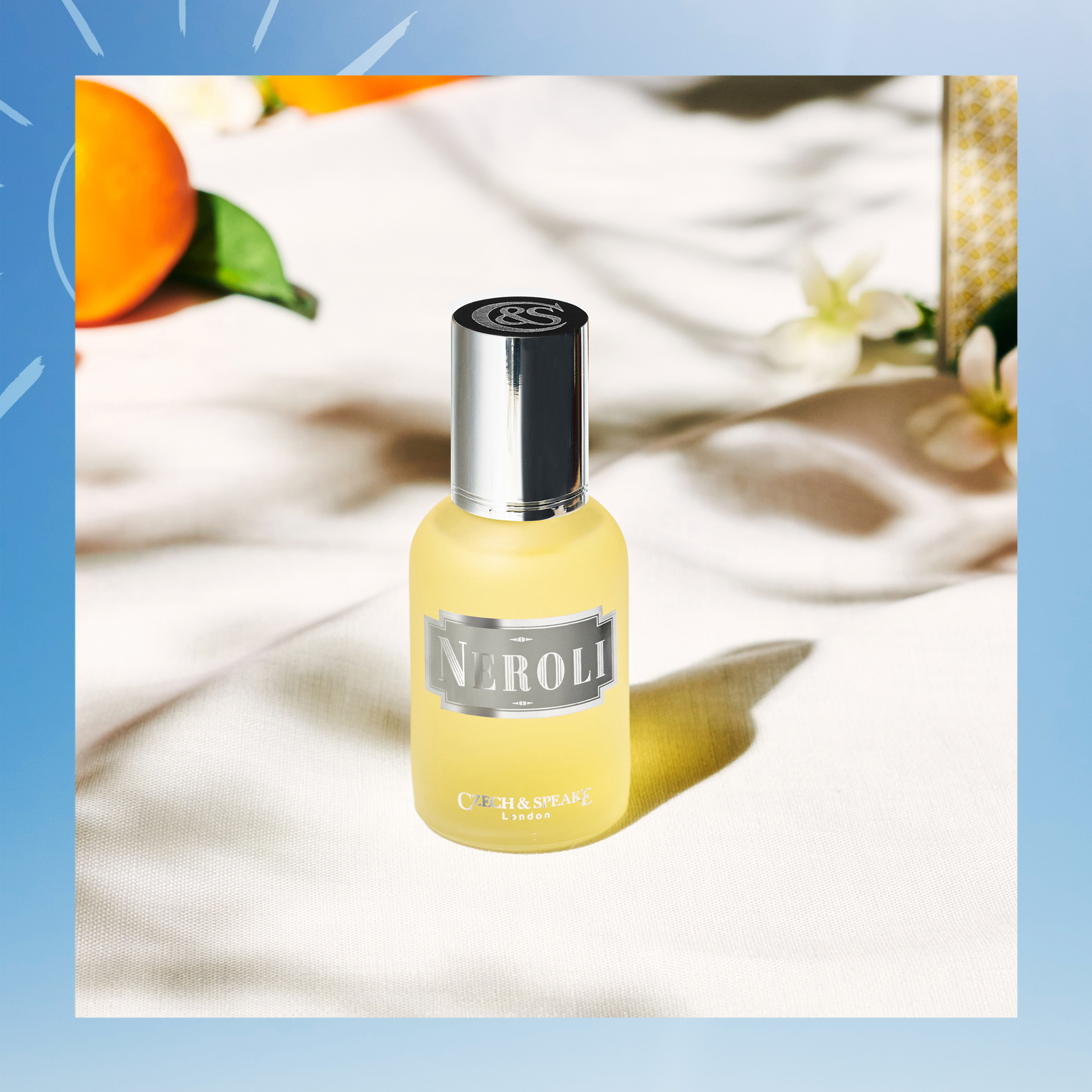 Neroli orange blossom 50ml perfume on linen blue sky