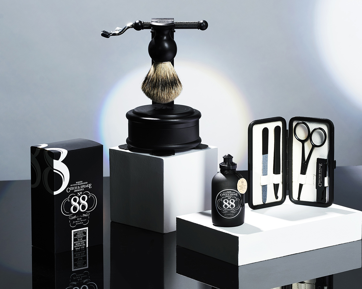 No.88 Shaving Set & Stand, No.88 Moisturing Bath & Body Oil and Air-Safe Manicure Set Monochrome