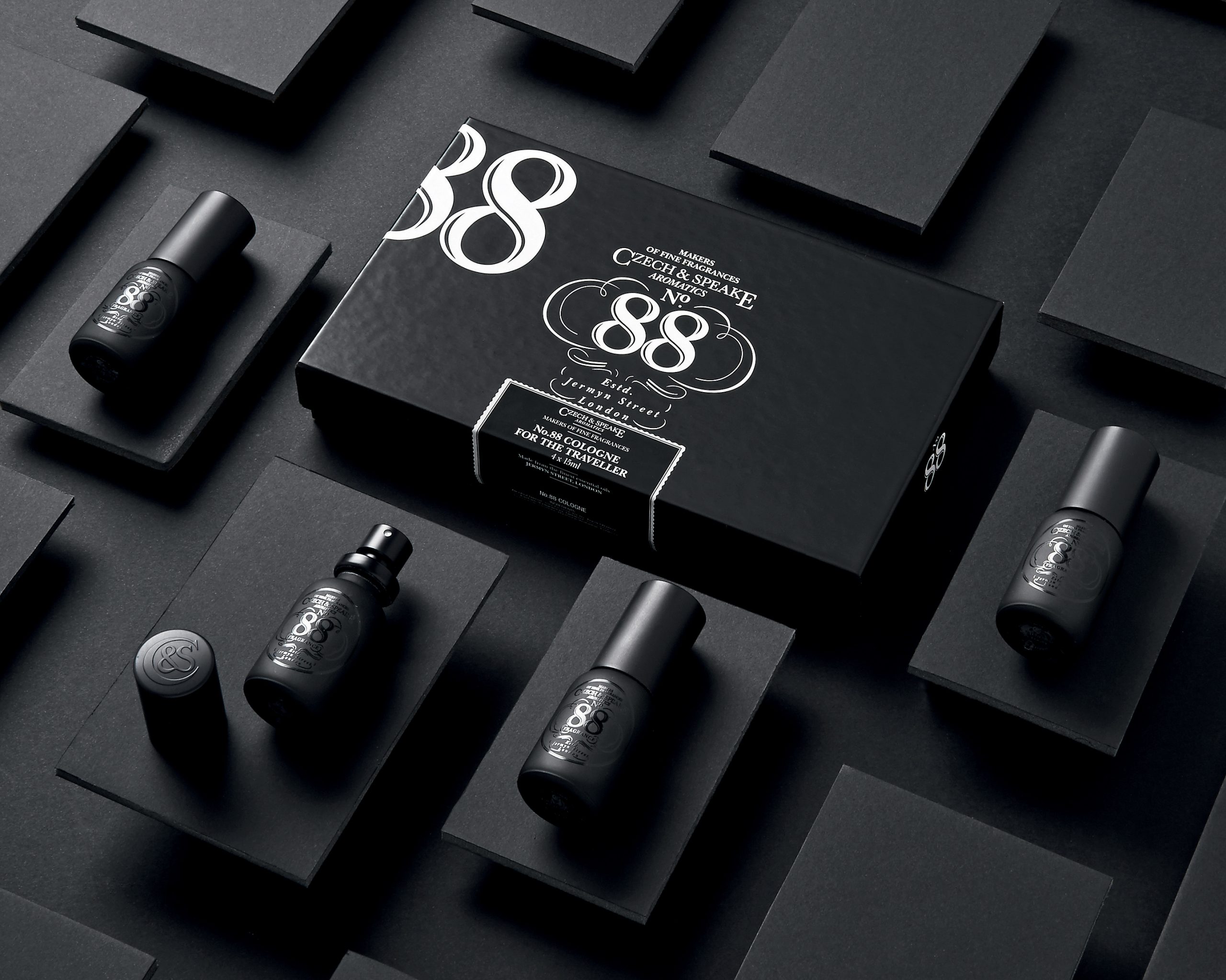 Black blocks, with No.88 travel size colognes laid out.
