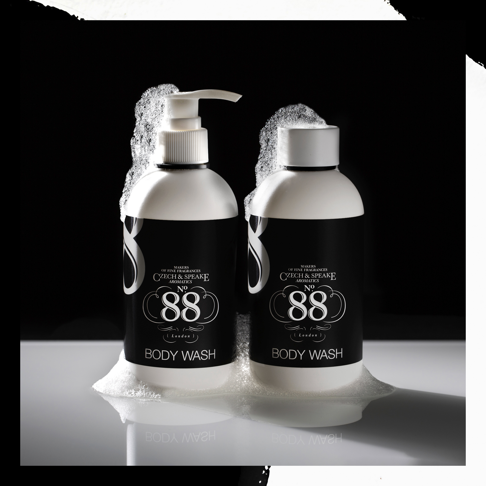 No.88 body wash with pump and twist top in black and white background in soap suds