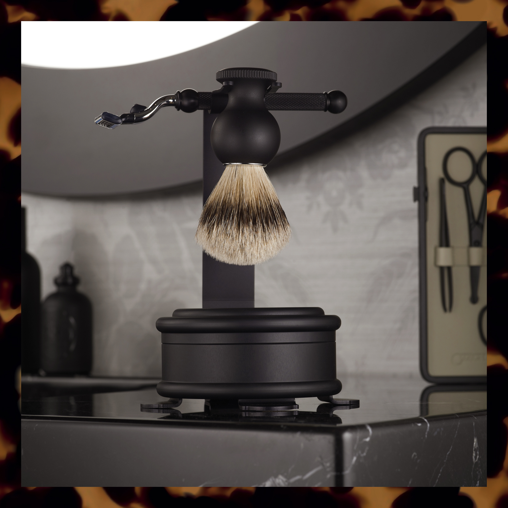 All Black Shaving Kit with stand, traditional shaving brush, soap and razor
