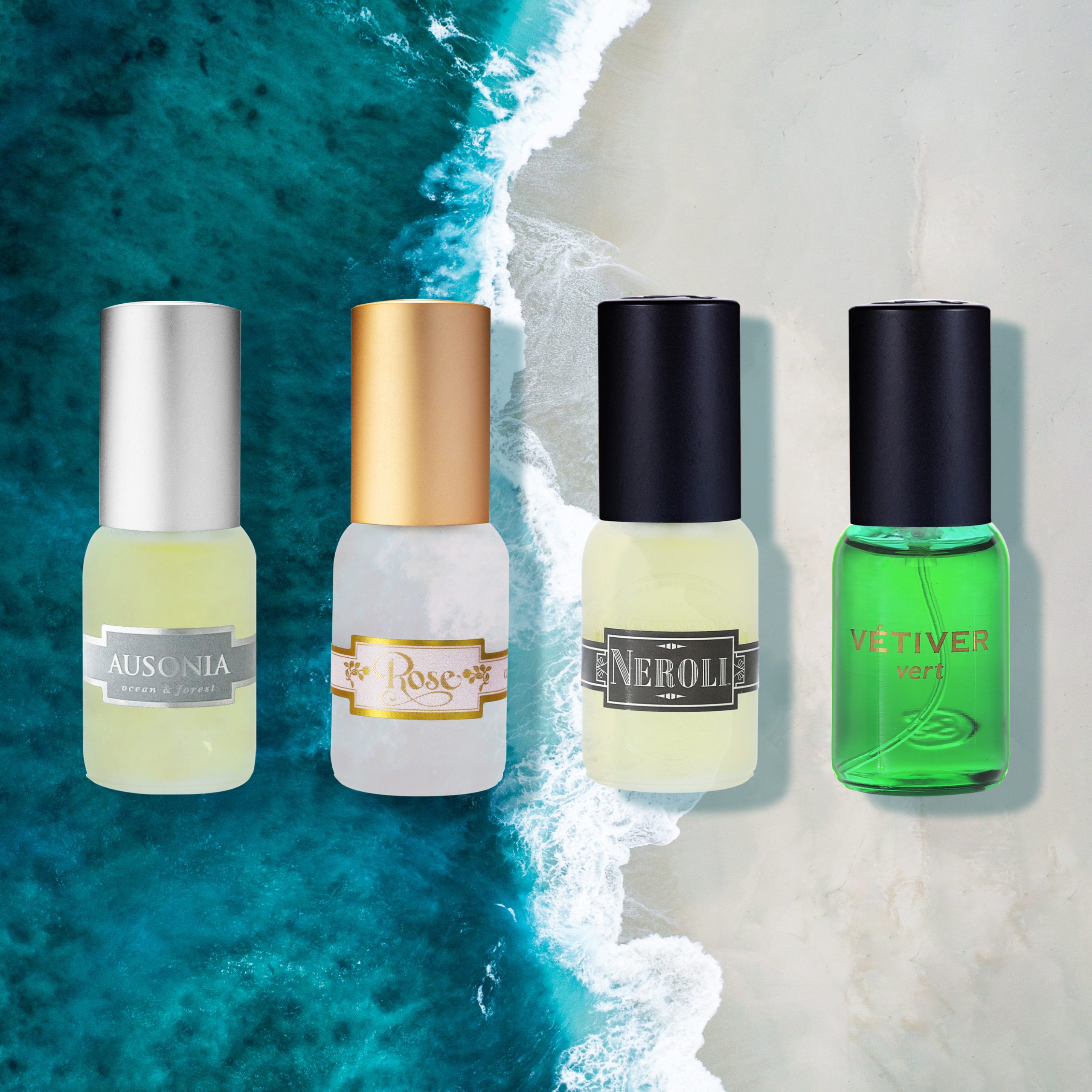 Four summer Eau de Parfum 15ml travel size bottles, including Ausonia, Rose, Neroli and Vétiver Vert, lined up against a beach and sea background.