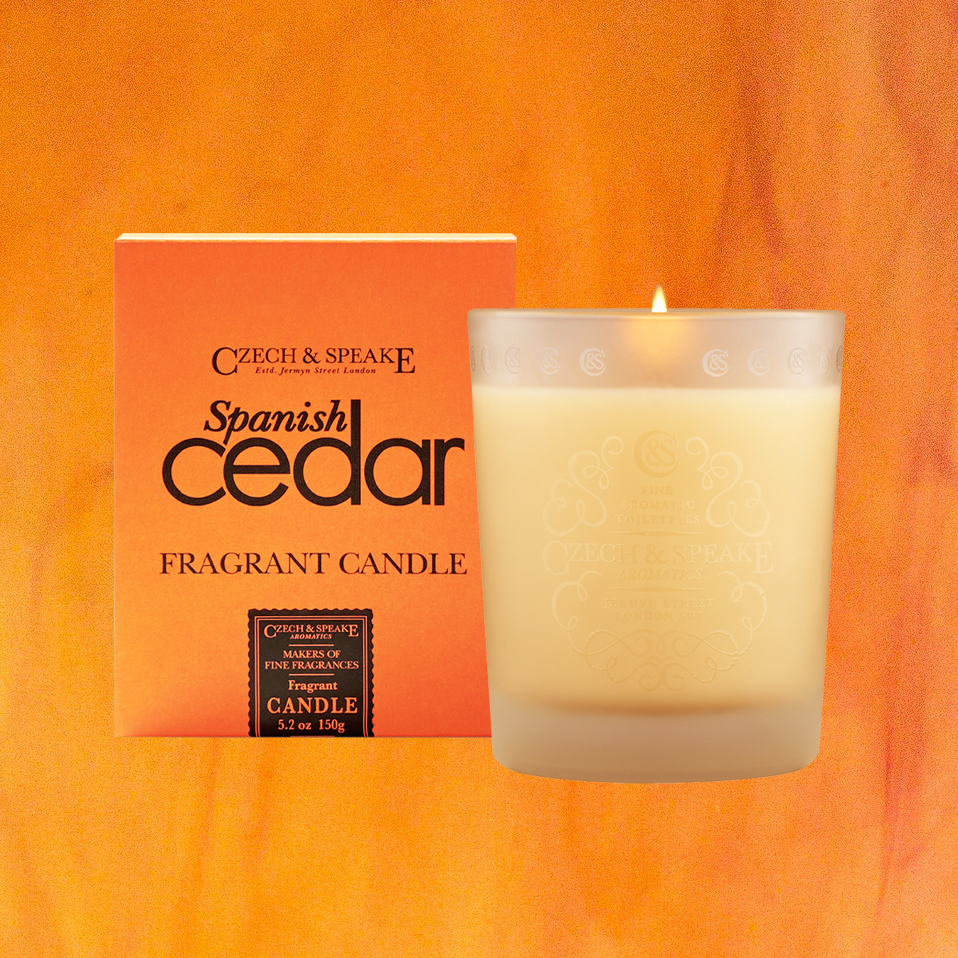 Orange background Spanish Cedar scented candle 