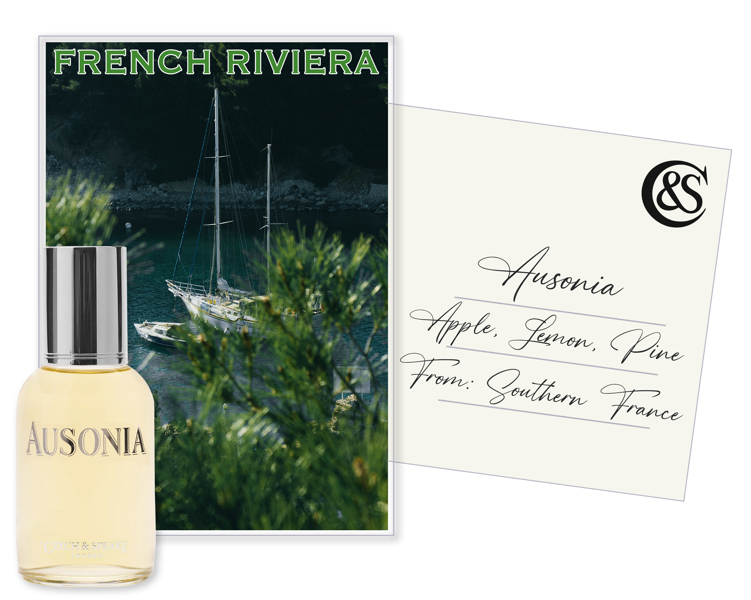 Ausonia 50ml bottle overlaid on a postcard showing the French Riviera, with Ausonia and its fragrance notes on the reverse