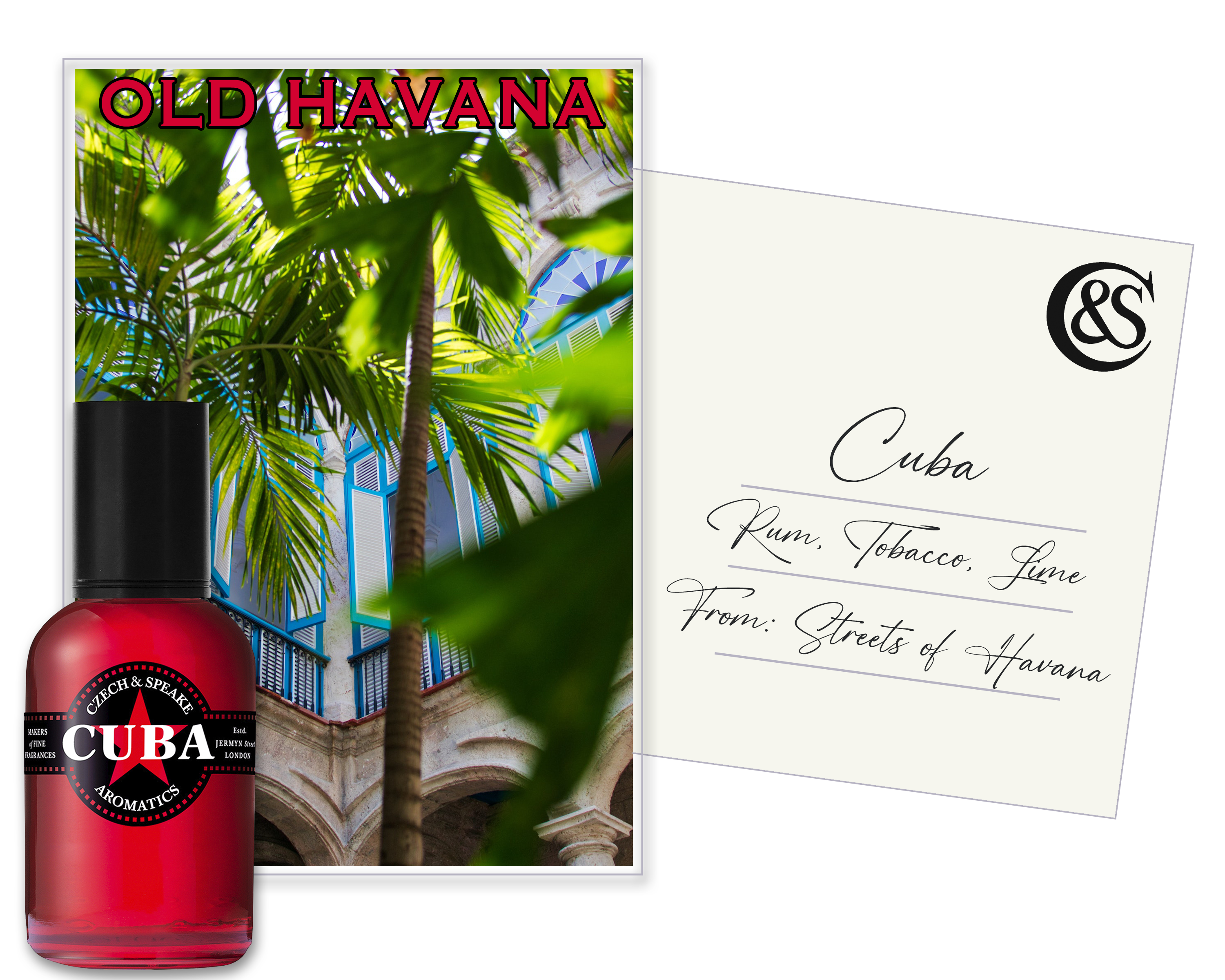 Cuba 50ml Eau de Parfum Spray, overlaid on Havana, Cuba postcard, with Cuba, fragrance notes and destination on reverse.