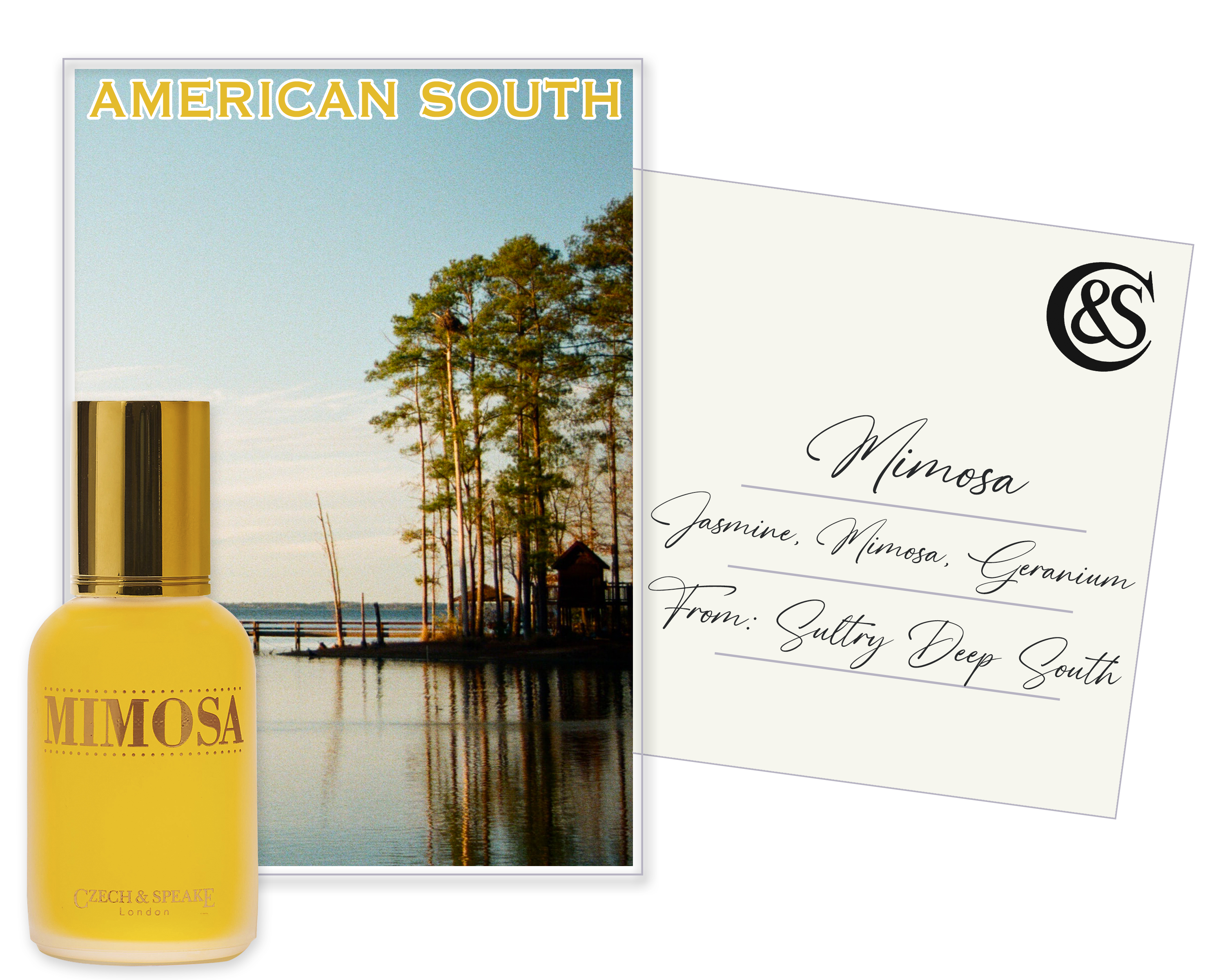Mimosa 50ml bottle overlaid on a art deco style postcard showing a lake in American Deep South with an orange title at top of image. Tucked to the right is the reverse of postcard showing C&S roundel as stamp, Mimosa, its fragrance notes and where postcard is from.