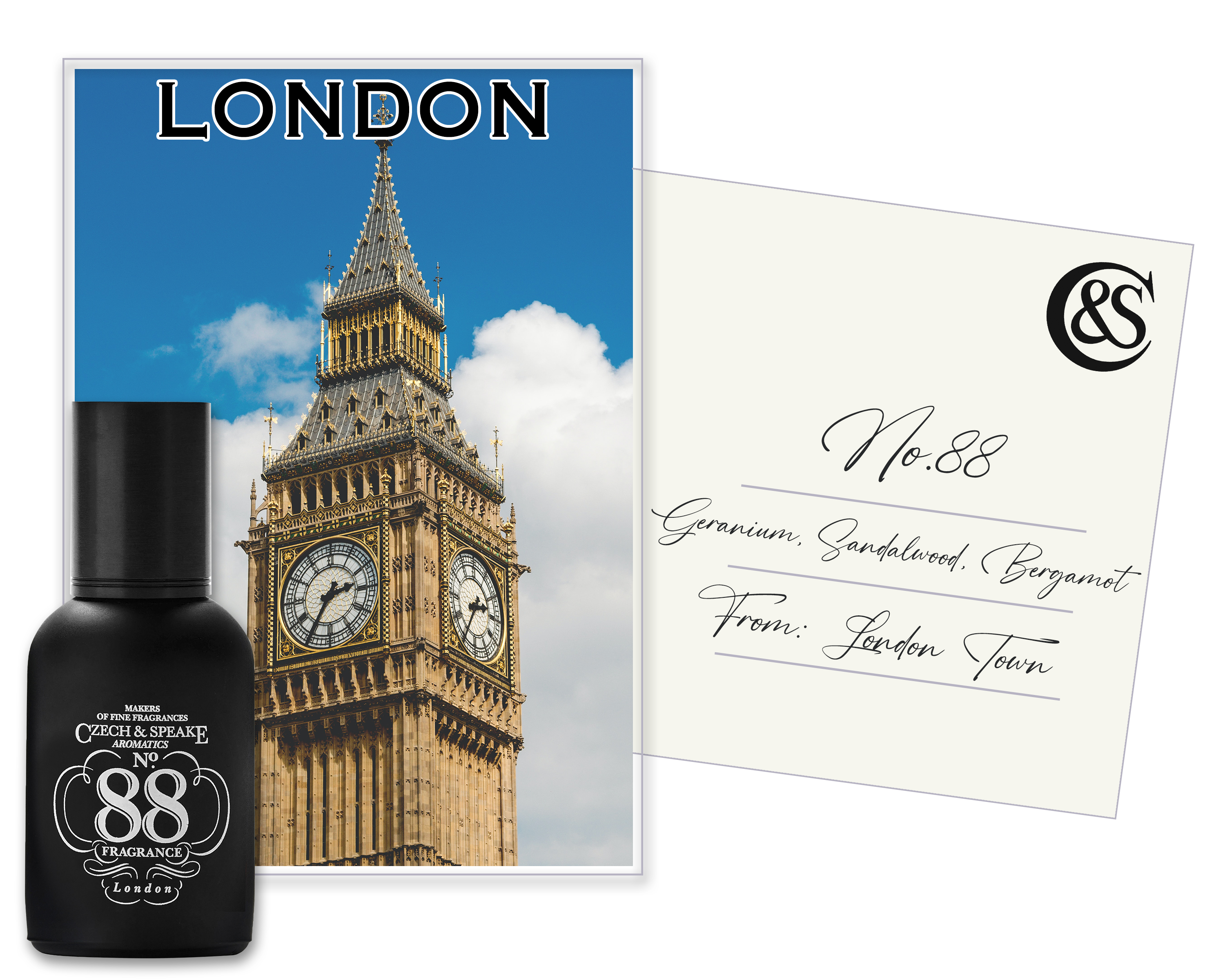 No.88 Cologne 50ml bottle, overlaid to left of London postcard, with No.88, fragrance notes, and destination on reverse.