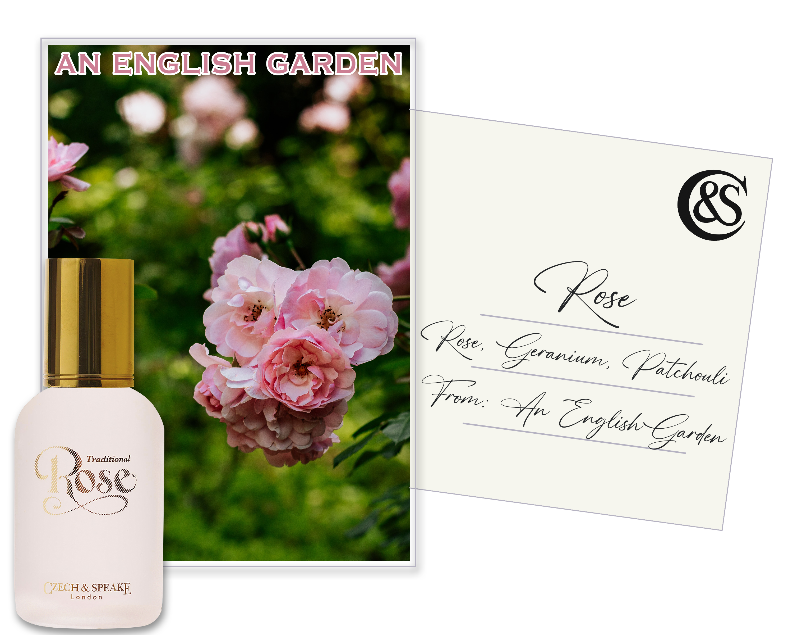 Rose Eau de Parfum 50ml bottle with An English Country Garden postcard, with Rose, fragrances notes and destination on reverse.