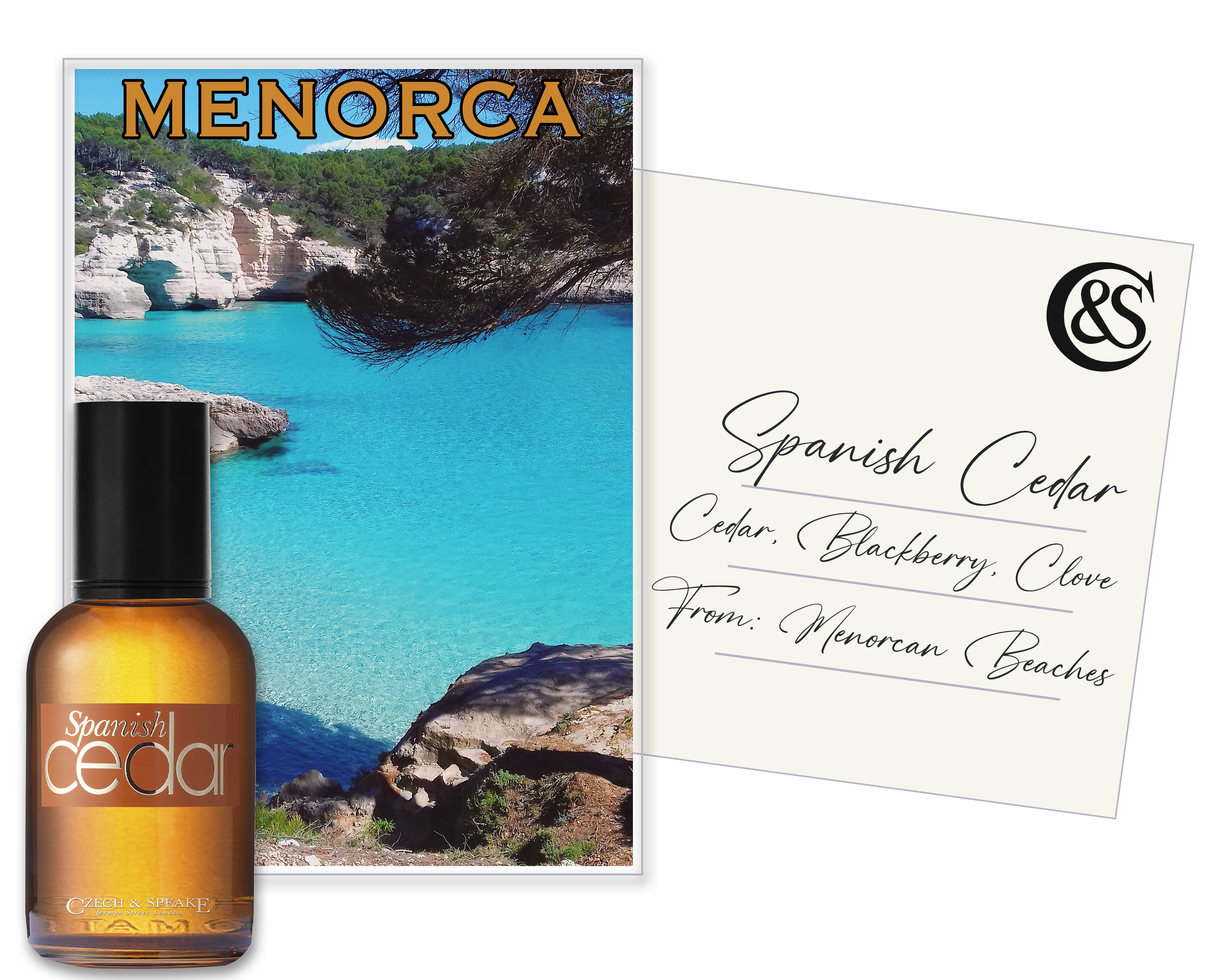 Spanish Cedar 50ml Eau de Parfum bottle to the left of a Menorca postcard, with the Spanish Cedar notes and destination on the reverse.